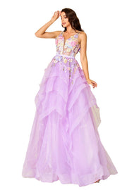 Light Purple Floor-Length A-Line Tulle V-Neck Floral Evening Dresses with Appliques