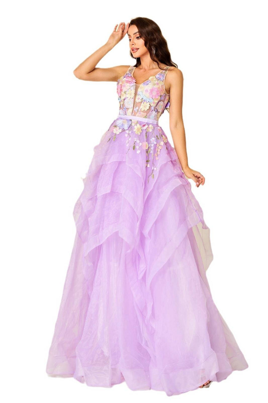 Light Purple Floor-Length A-Line Tulle V-Neck Floral Evening Dresses with Appliques