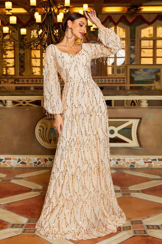 A-Line Long Sleeves Sequin Formal Evening Dresses