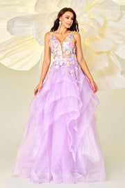 Light Purple Floor-Length A-Line Tulle V-Neck Floral Evening Dresses with Appliques