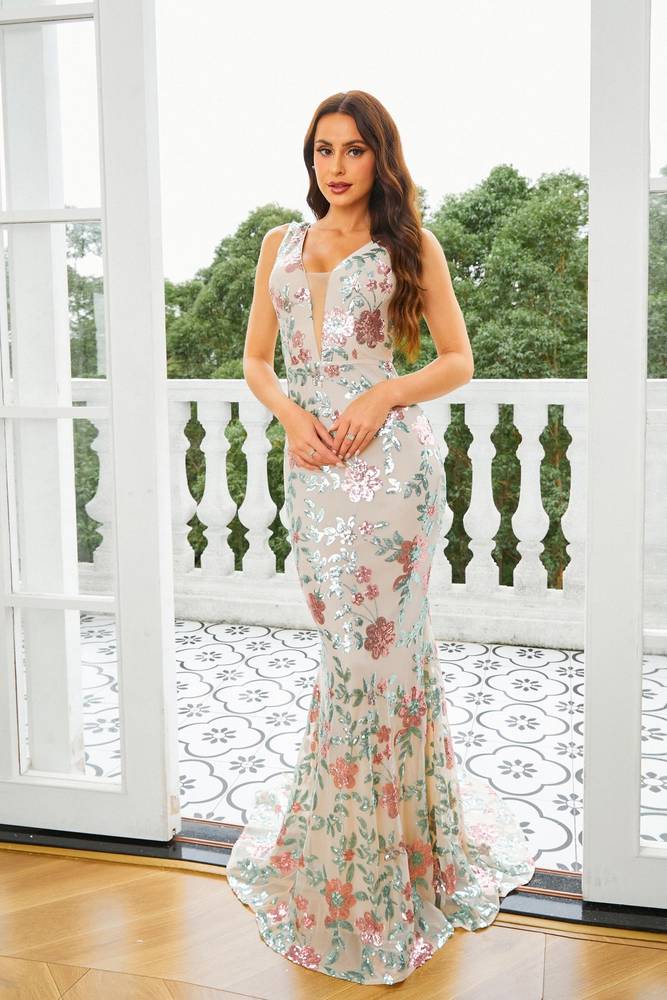 Long Mermaid Sequin V-Neck Floral Evening Dresses