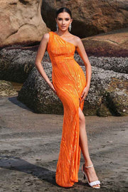 Orange One-Shoulder Sleeveless Mermaid Evening Dresses with Slit