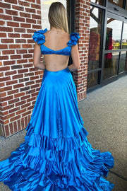 Ocean Blue Sexy V-Neck A-Line Backless Ruffles Prom Dresses with Slit