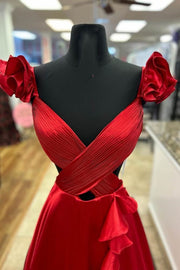 Red Sexy V-Neck A-Line Backless Ruffles Prom Dresses with Slit