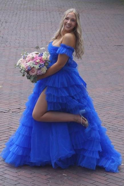 Sexy Long A-Line Off-The-Shoulder Tulle Prom Dresses with Slit