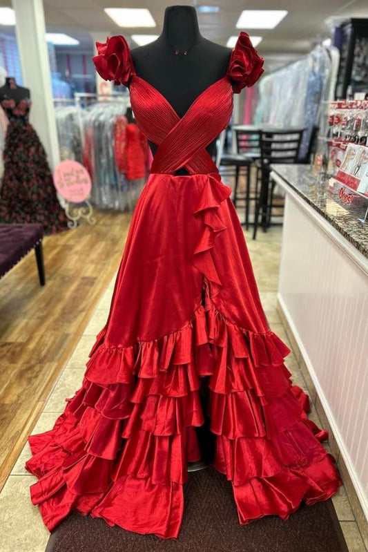 Red Sexy V Neck A Line Ruffle Prom Dress with Side Slit
