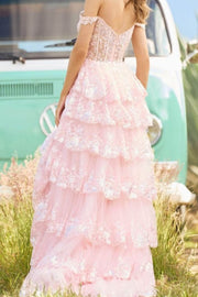 Blushing Pink Sequined V-Neck A-Line Layered Tulle Long Formal Dresses