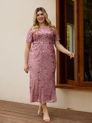 Chic Plus Size Tea-Length Sequin Formal Wedding Guest Dress
