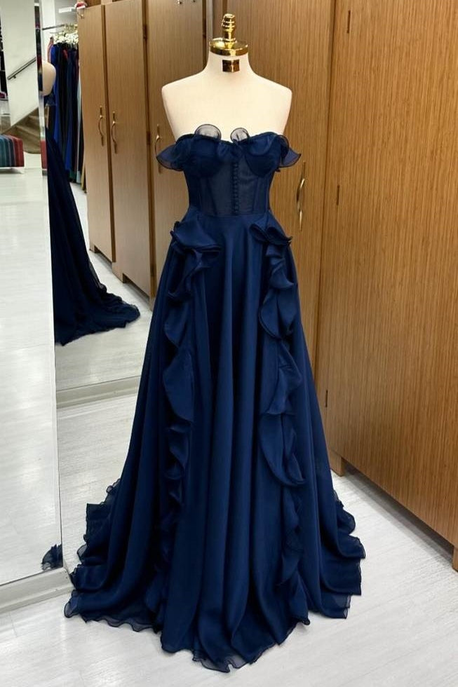 Dark Navy Tulle Strapless A-Line Long Prom Dresses with Sweep Train