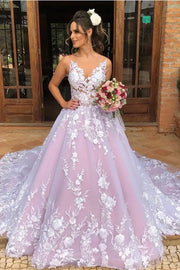 Exquisite V-Neck A-Line Tulle Party Prom Dresses with Cathedral Train