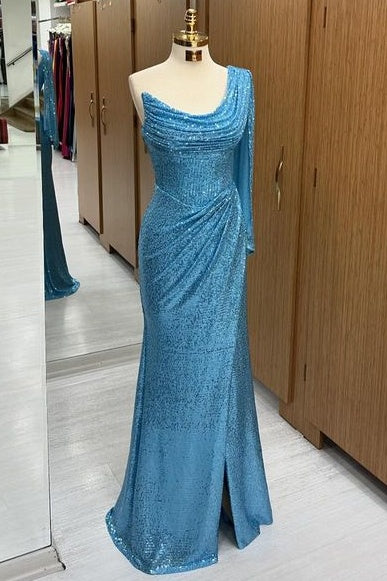 Stunning Floor-Length One-Shoulder Sequined Long Sleeves Mermaid Prom Dresses with Slit