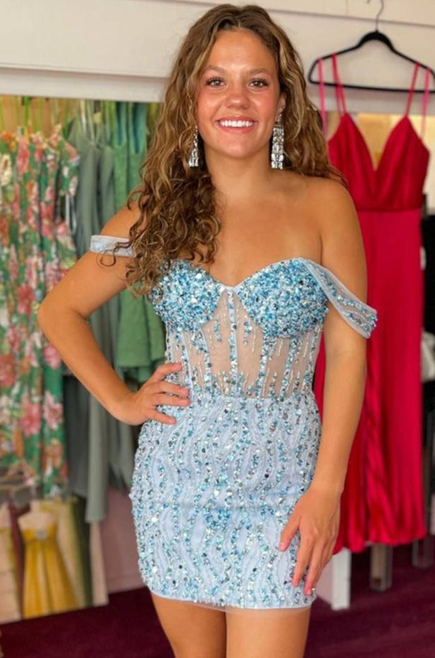 Luxurious Off-The-Shoulder Sequined Short Sheath Homecoming Dresses