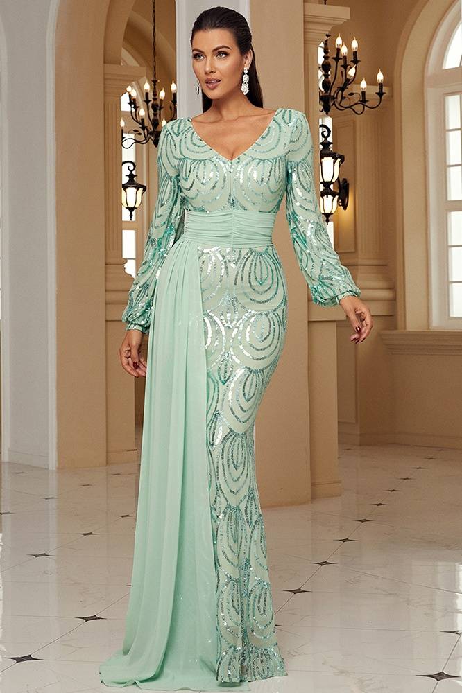 V-Neck Long Sleeves Mermaid Sequin Prom Evening Dresses