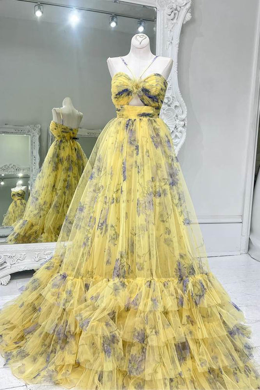 Yellow Spaghetti Strap Floral Print Tulle Prom Dress