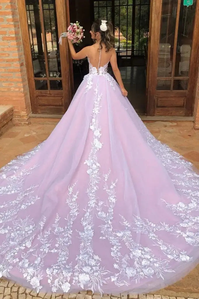 Exquisite V-Neck A-Line Tulle Party Prom Dresses with Cathedral Train