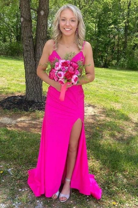 Fuchsia V-Neck Sleeveless Mermaid Satin Formal Dresses with Slit