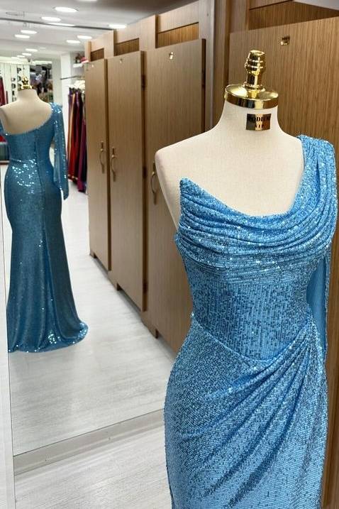 Stunning Floor-Length One-Shoulder Sequined Long Sleeves Mermaid Prom Dresses with Slit