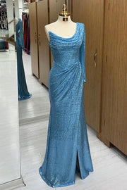 Stunning Floor-Length One-Shoulder Sequined Long Sleeves Mermaid Prom Dresses with Slit