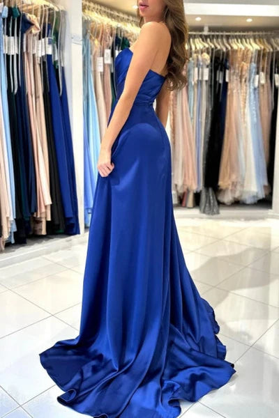 Royal Blue Strapless A-Line Satin Split Front Prom Dresses with Sweep Train