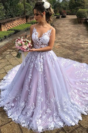 Exquisite V-Neck A-Line Tulle Party Prom Dresses with Cathedral Train