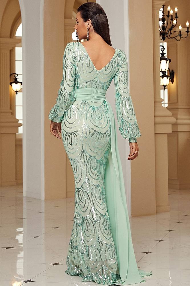 V-Neck Long Sleeves Mermaid Sequin Prom Evening Dresses