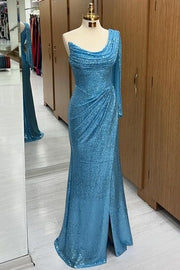 Stunning Floor-Length One-Shoulder Sequined Long Sleeves Mermaid Prom Dresses with Slit