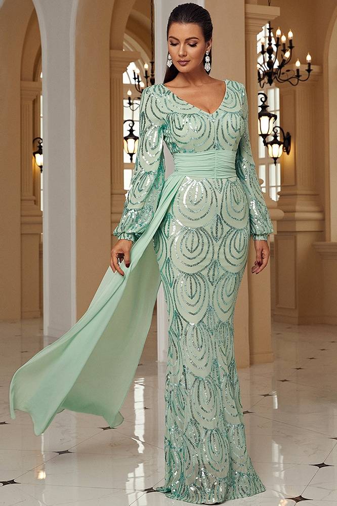 V-Neck Long Sleeves Mermaid Sequin Prom Evening Dresses