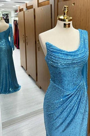 Stunning Floor-Length One-Shoulder Sequined Long Sleeves Mermaid Prom Dresses with Slit