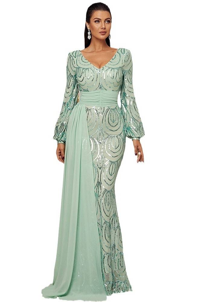 V-Neck Long Sleeves Mermaid Sequin Prom Evening Dresses