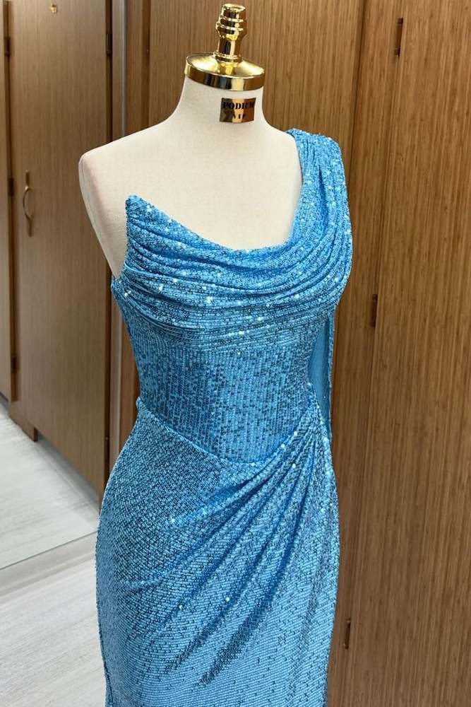 Stunning Floor-Length One-Shoulder Sequined Long Sleeves Mermaid Prom Dresses with Slit