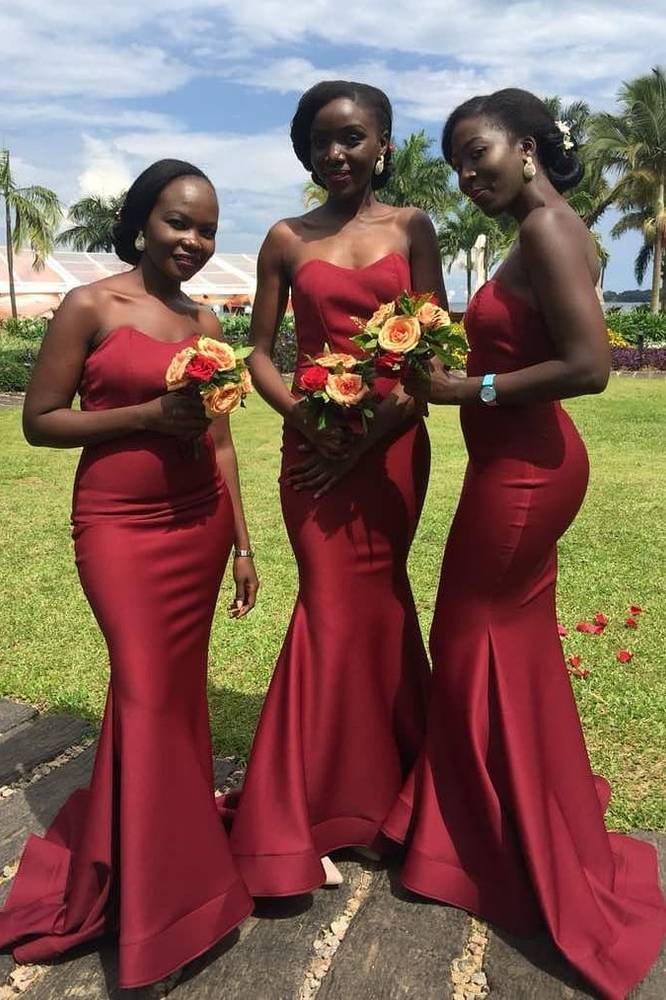 Red Mermaid Satin Long Strapless Bridesmaid Dresses