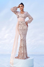 V-Neck Long Sleeves Mermaid Sequin Prom Evening Dresses