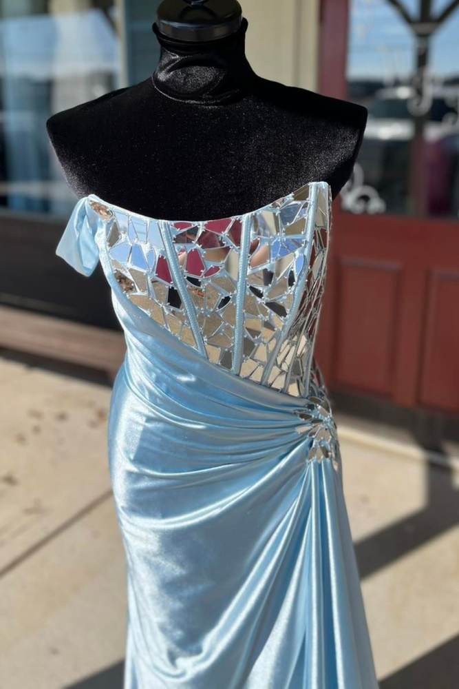 Sky Blue Off-The-Shoulder Mermaid Long Satin Formal Dresses with Cut Mirror