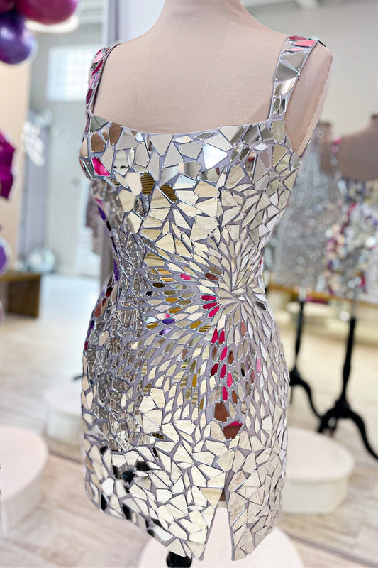 Silver Cut Glass Mirror Sequin Short Homecoming Dress with Slit