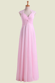 Pink V-Neck Sleeveless Lace A-Line Chiffon Floor-Length Bridesmaid Dresses