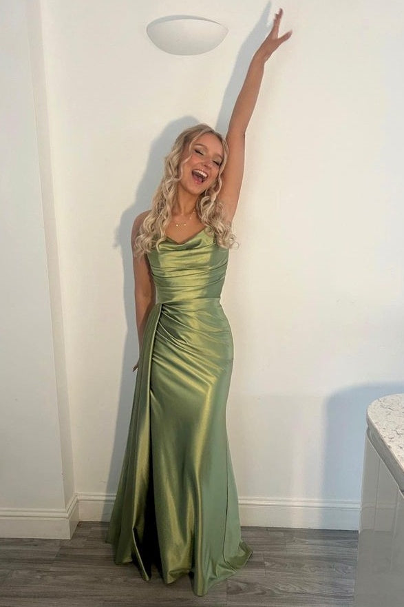 Green Cowl Neck Sleeveless Split Front Prom Dresses with Train