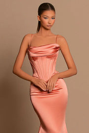 Coral Spaghetti Straps Mermaid Satin Prom Dresses