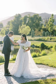 White Trendy Square Neck Short Sleeves A-Line Floral Wedding Dresses