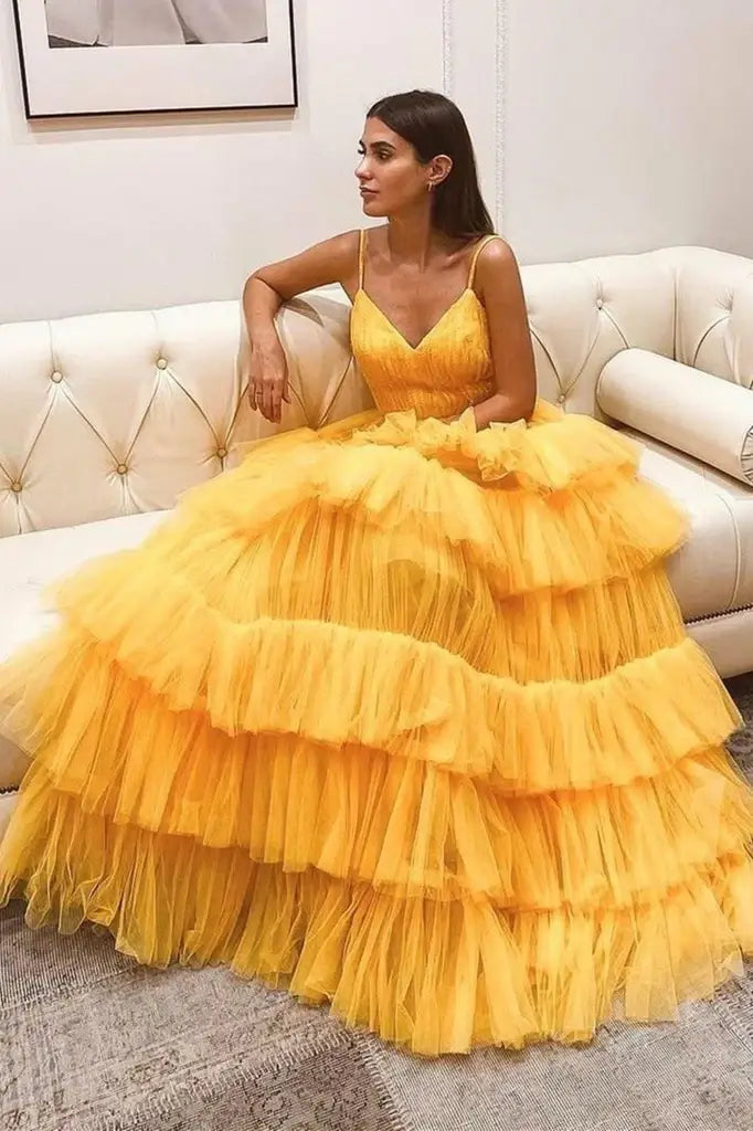 Yellow Tiered A-Line Tulle V-Neck Sleeveless Formal Prom Dresses