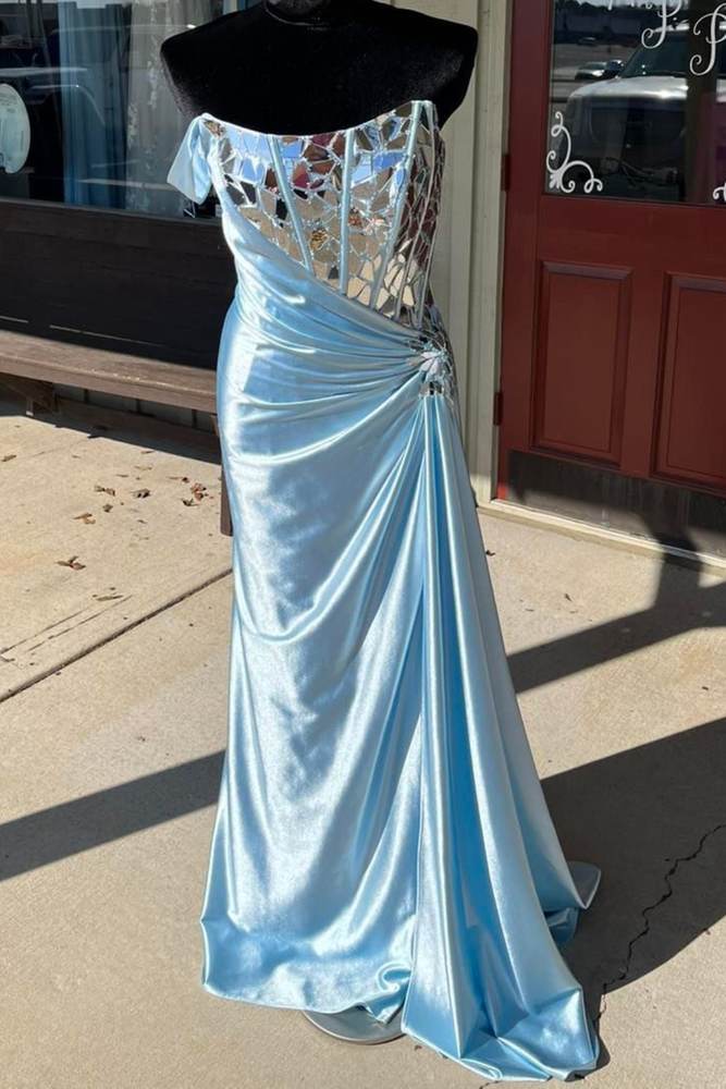 Sky Blue Off-The-Shoulder Mermaid Long Satin Formal Dresses with Cut Mirror