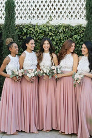 Dusty Rose Crew Neck Chiffon Lace Bridesmaid Dresses