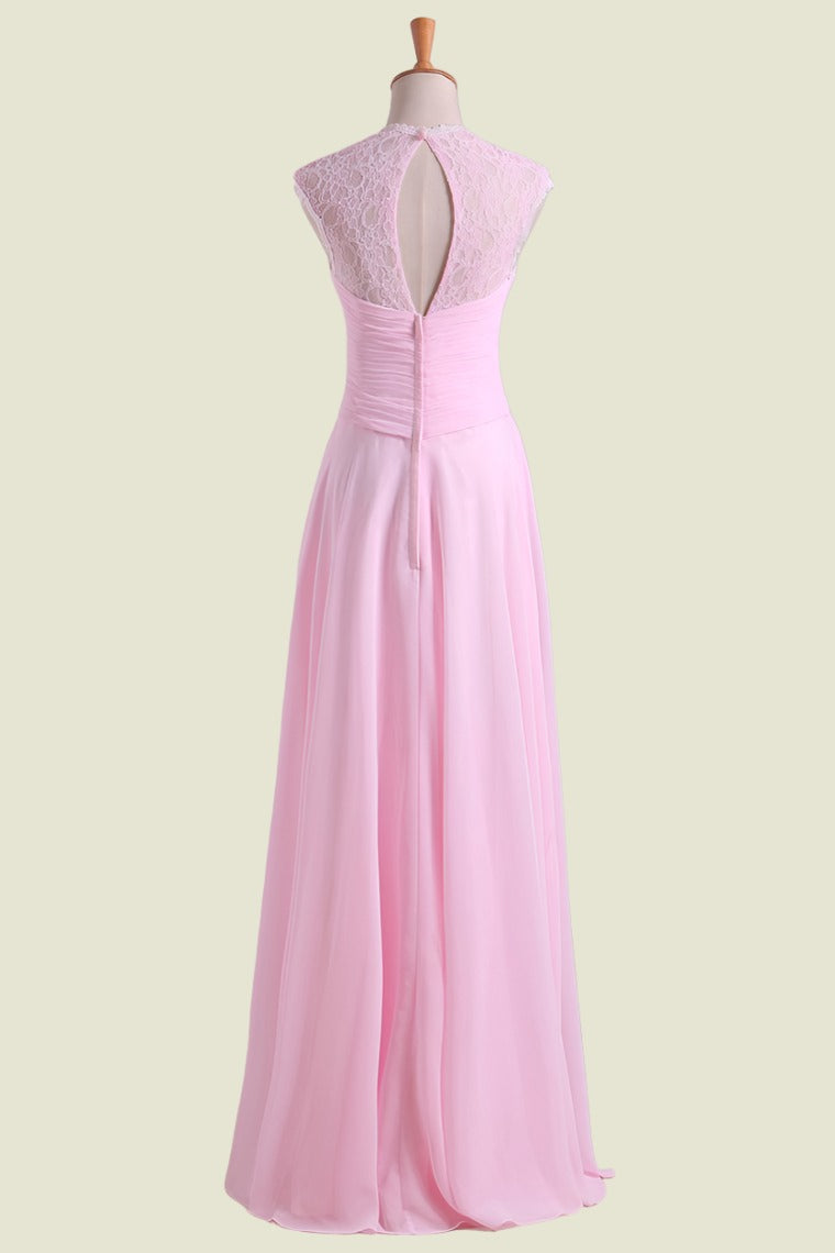 Pink V-Neck Sleeveless Lace A-Line Chiffon Floor-Length Bridesmaid Dresses