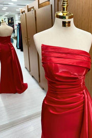 Charming Mermaid Floor-Length Strapless Satin Prom Dresses with Slit