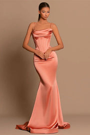 Coral Spaghetti Straps Mermaid Satin Prom Dresses