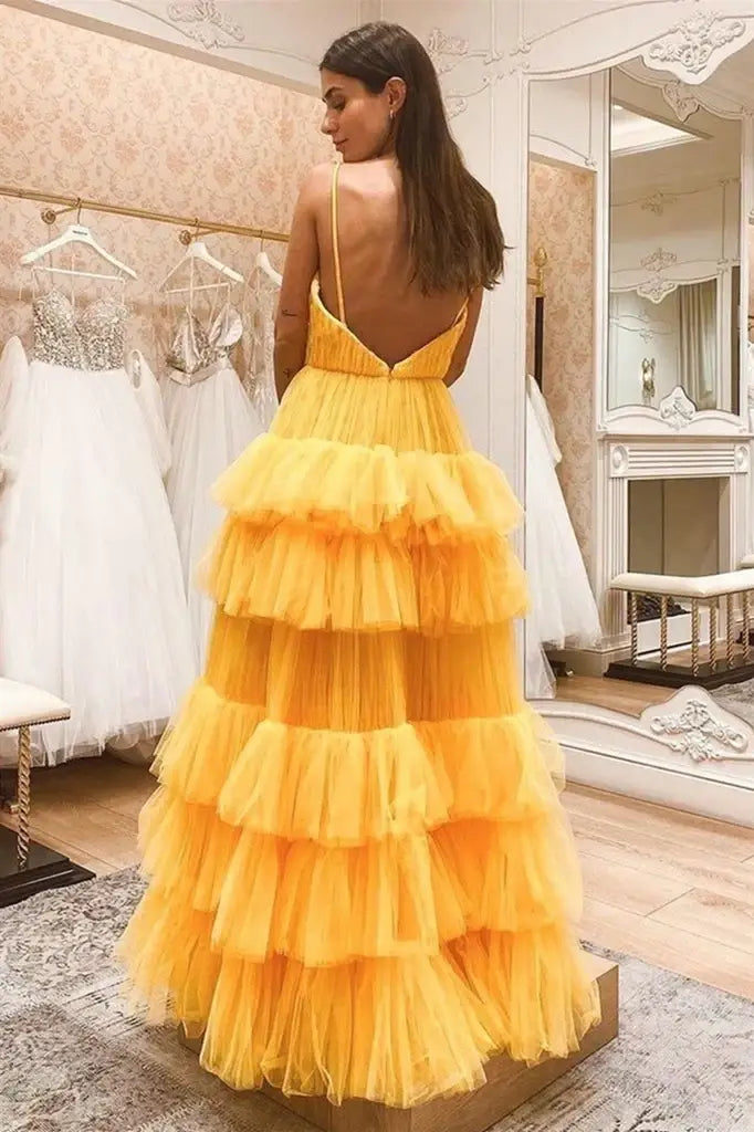 Yellow Tiered A-Line Tulle V-Neck Sleeveless Formal Prom Dresses