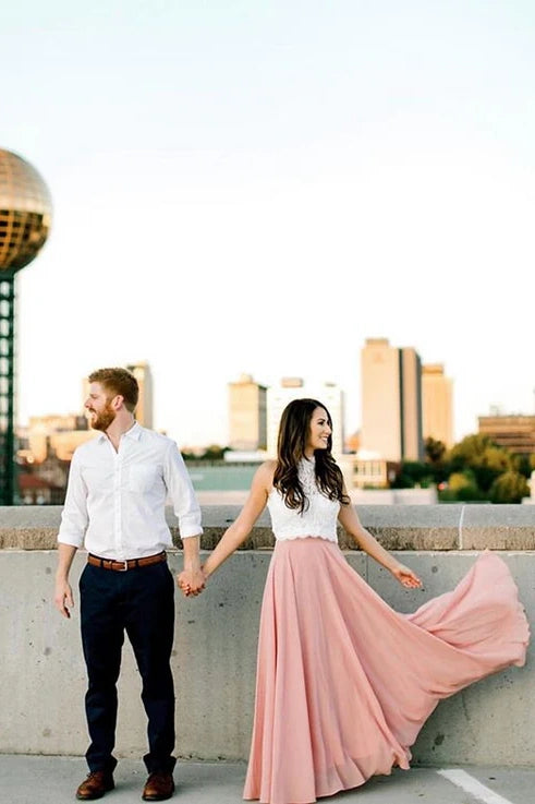 Dusty Rose Crew Neck Chiffon Lace Bridesmaid Dresses