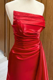 Charming Mermaid Floor-Length Strapless Satin Prom Dresses with Slit