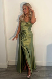 Green Cowl Neck Sleeveless Split Front Prom Dresses with Train