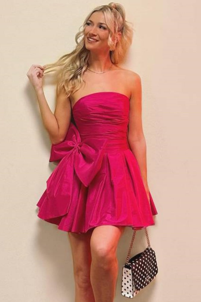 Fuchsia Cute Strapless A-Line Satin Short Homecoming Dresses with Bow