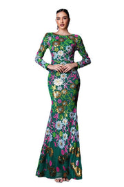 Jewel Neck Mermaid Sequin Long Sleeves Floral Prom Dresses